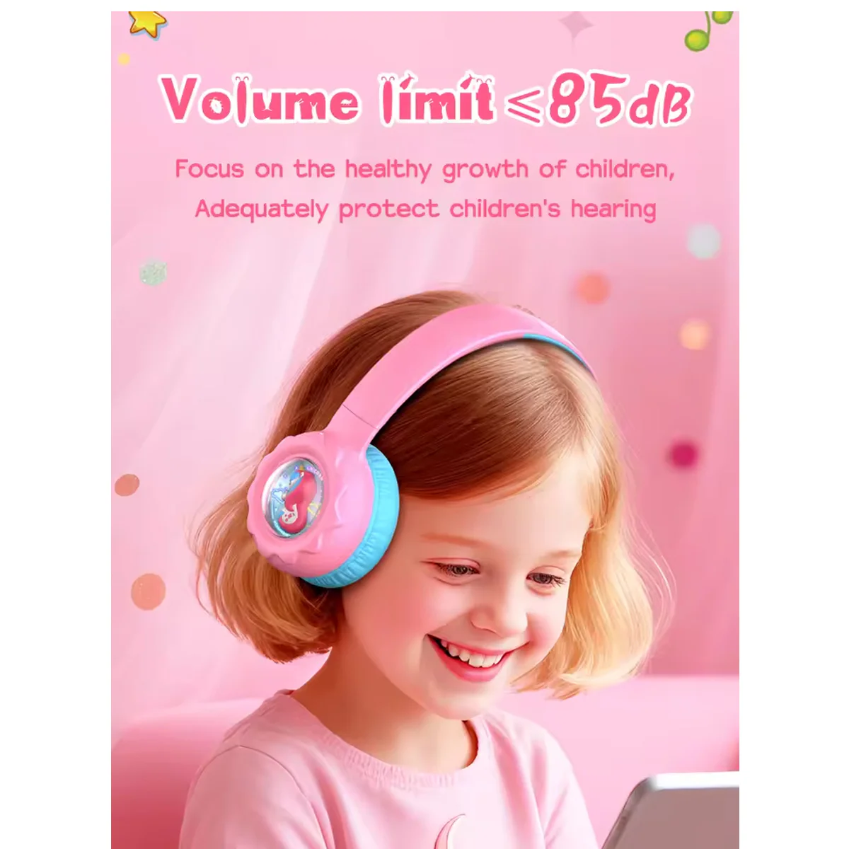 Onikuma B30 Unicorn Ear Wireless Headset with 85dB Kids Ear Protection (Pink) - Image 3