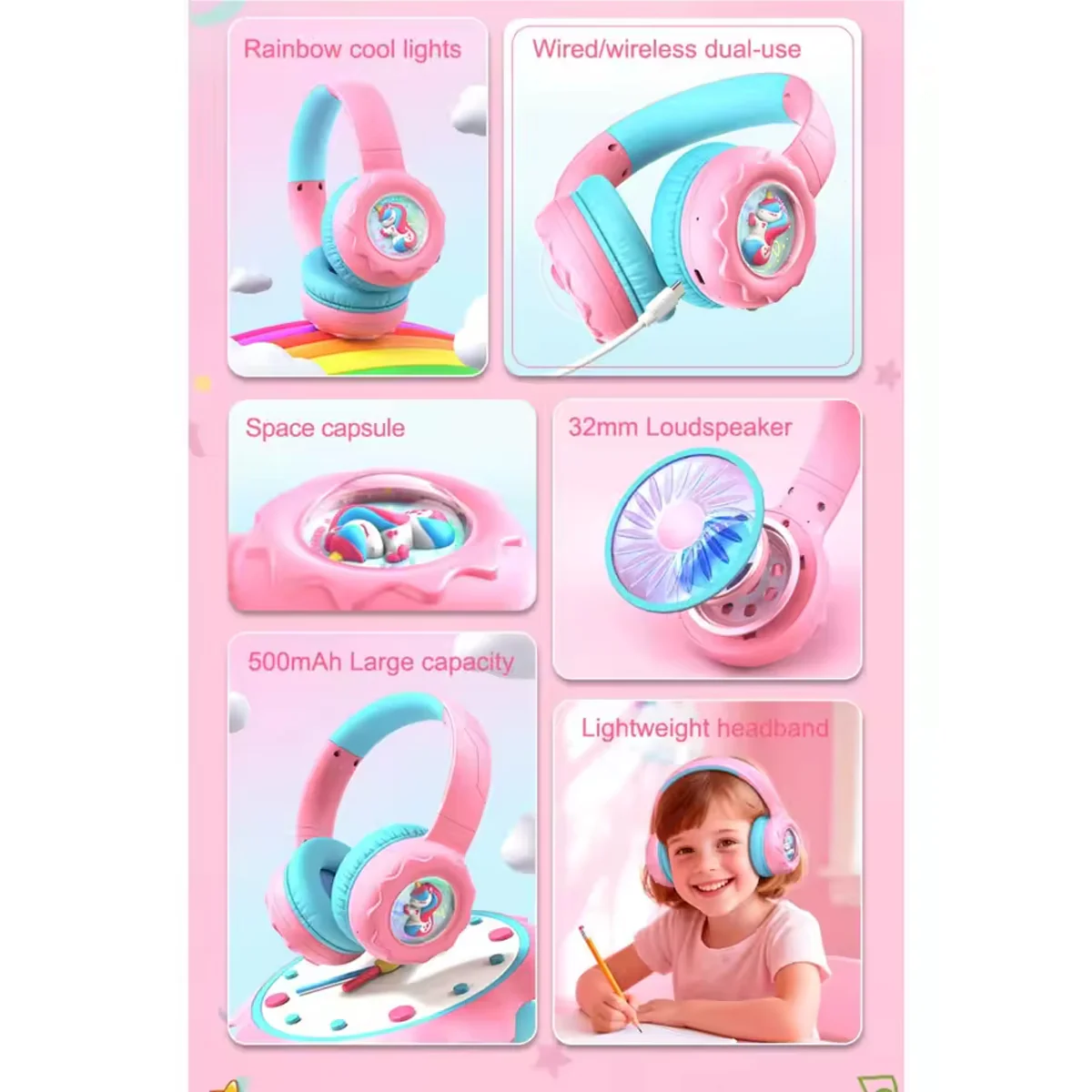 Onikuma B30 Unicorn Ear Wireless Headset with 85dB Kids Ear Protection (Pink) - Image 4