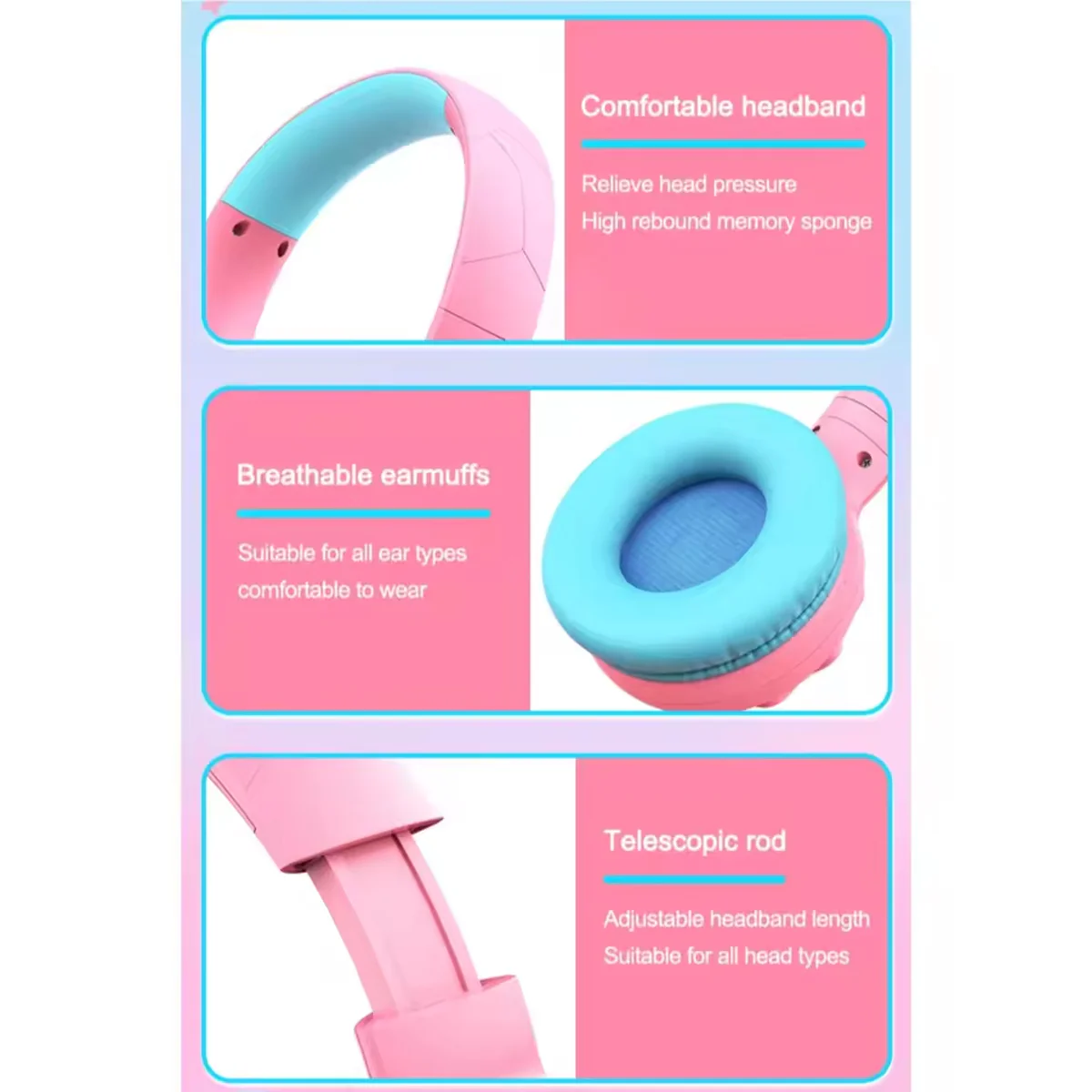 Onikuma B30 Unicorn Ear Wireless Headset with 85dB Kids Ear Protection (Pink) - Image 5