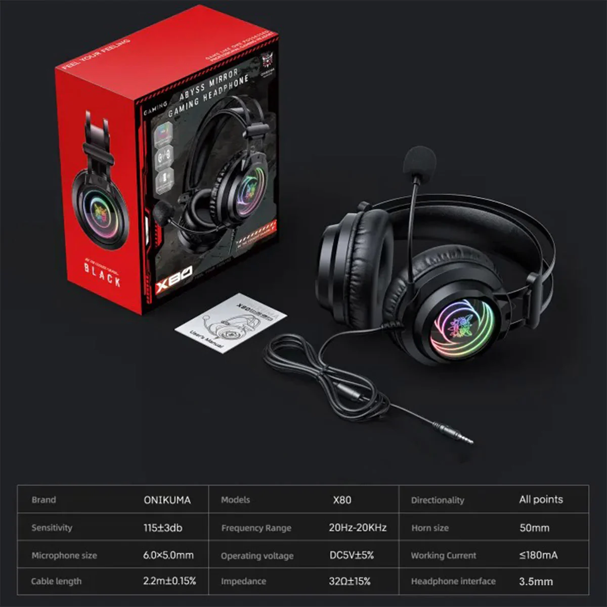 Onikuma X80 Abyss Mirror Wired Gaming Headphone with Microphone (Black) - Image 11