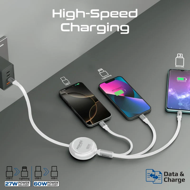 Promate TrioCord-R 3-in-1 110cm USB-C & Lightning Ultra-Fast Retractable Multi-Connector Cable (White) - Image 3