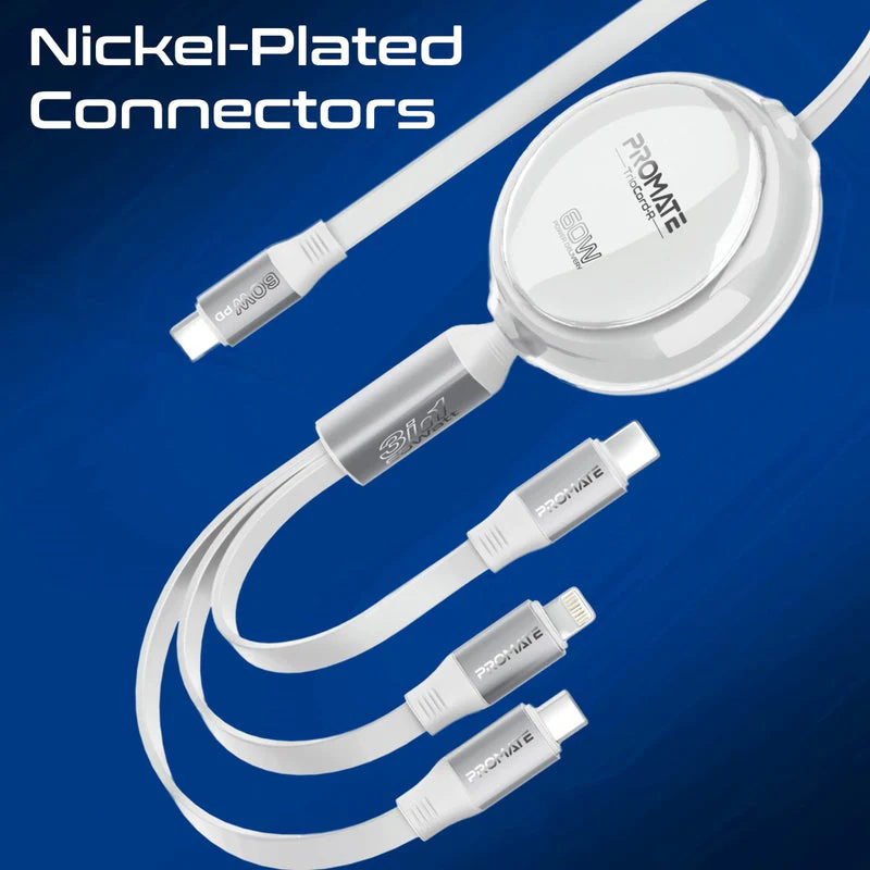 Promate TrioCord-R 3-in-1 110cm USB-C & Lightning Ultra-Fast Retractable Multi-Connector Cable (White) - Image 4