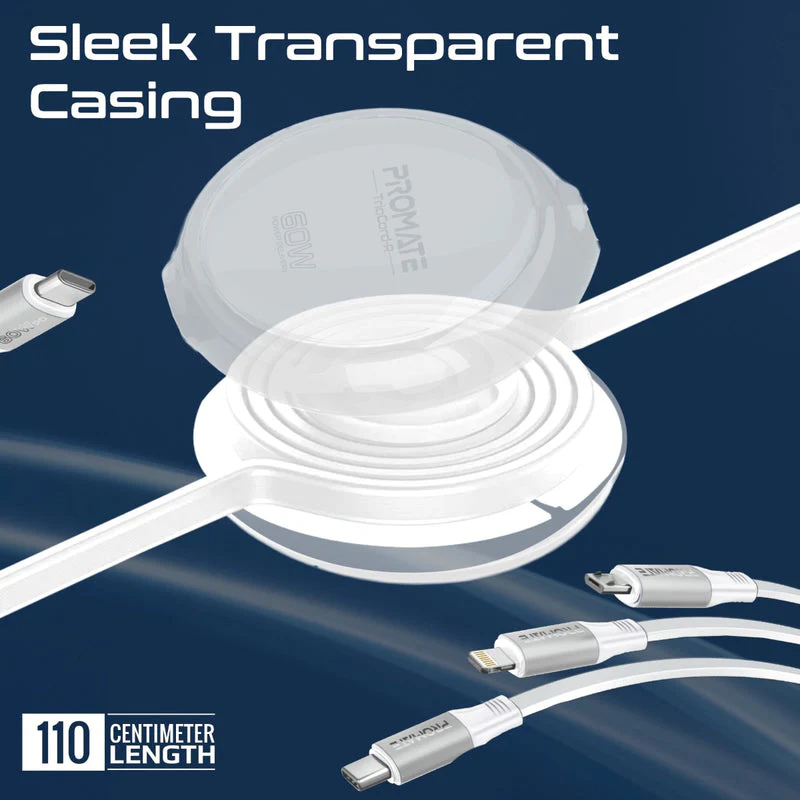 Promate TrioCord-R 3-in-1 110cm USB-C & Lightning Ultra-Fast Retractable Multi-Connector Cable (White) - Image 5