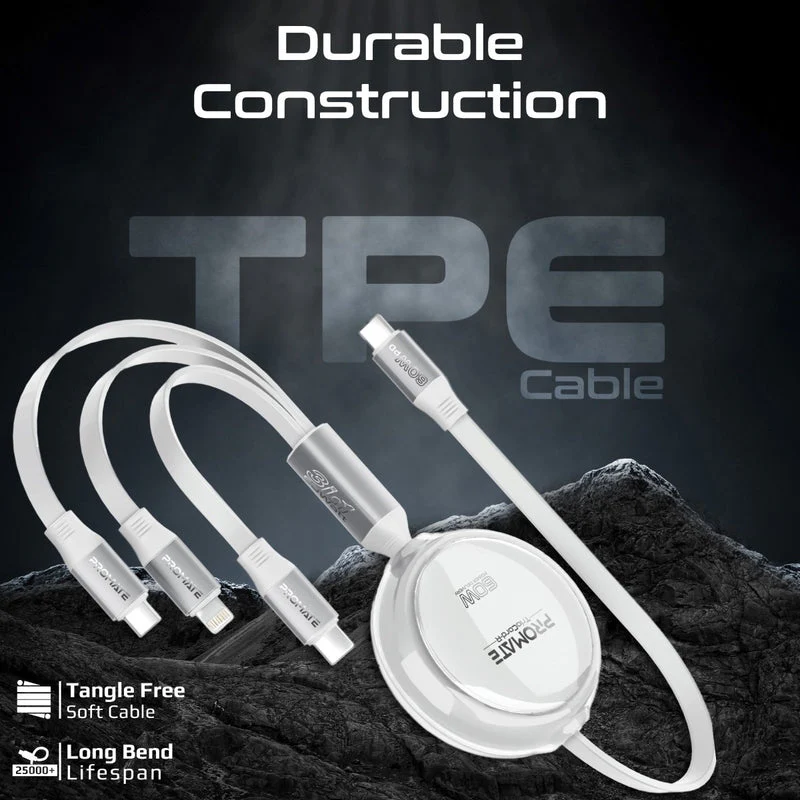 Promate TrioCord-R 3-in-1 110cm USB-C & Lightning Ultra-Fast Retractable Multi-Connector Cable (White) - Image 6