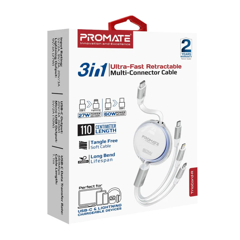 Promate TrioCord-R 3-in-1 110cm USB-C & Lightning Ultra-Fast Retractable Multi-Connector Cable (White) - Image 7